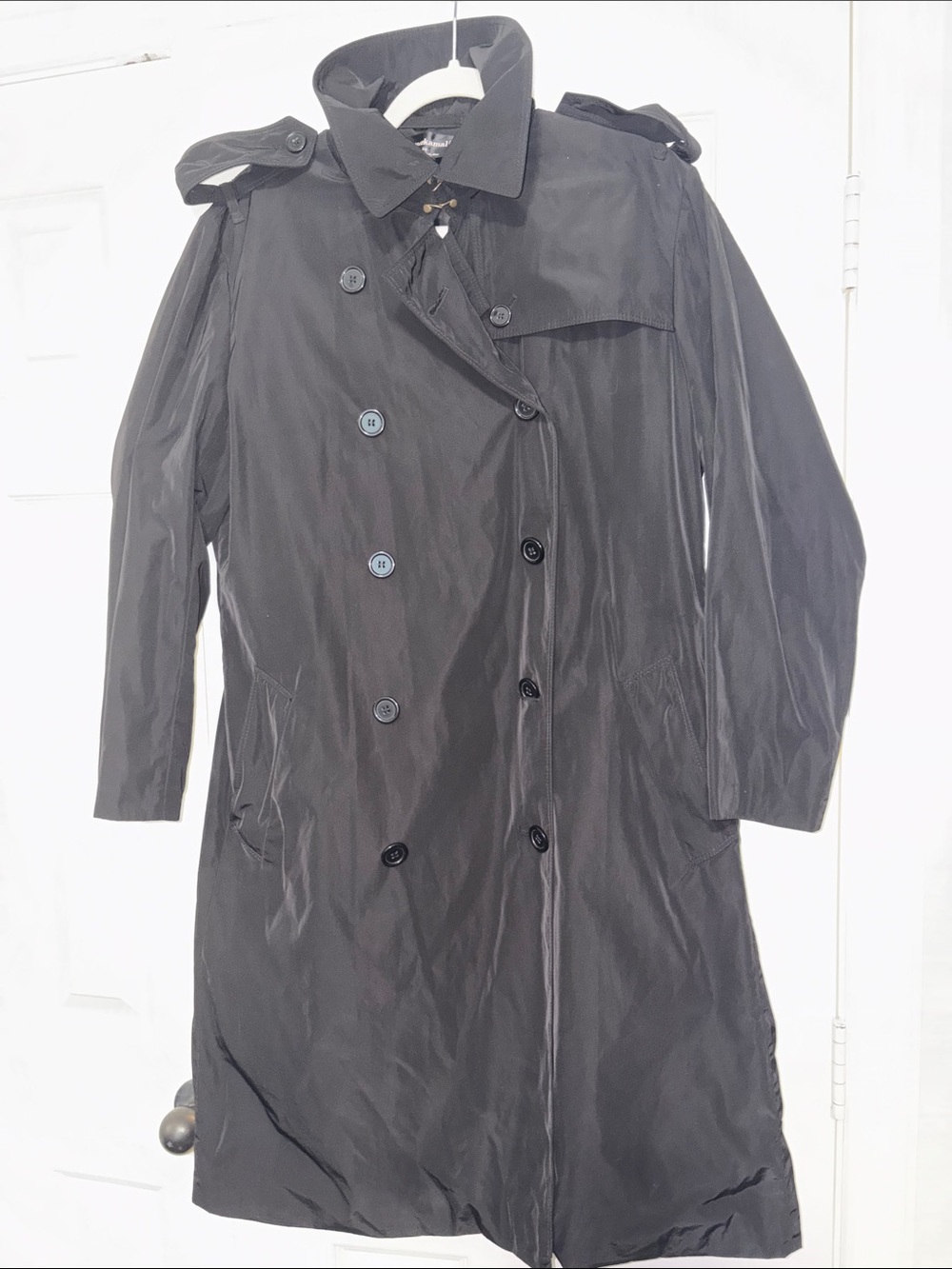 Norma Kamali double breasted Classic Black Trench Coat - Women Sz Large no belt